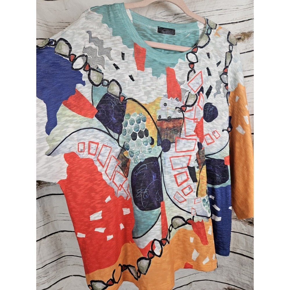 Inoah Abstract Art To Wear Print Tunic Top L Slubbed Knit 3/4 Sleeves Colorful - Picture 4 of 8